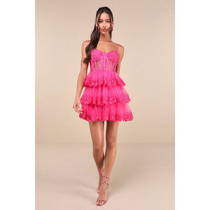 Lulus Exquisite Drama Hot Pink Embroidered Sequin Tiered Mini Dress - Size M